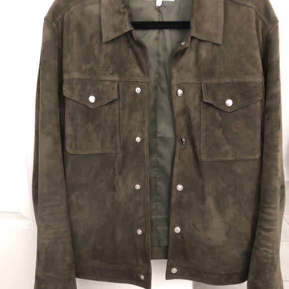 Reiss Jagger Suede Trucker Jacket - Olive Green - Picture 2 of 9
